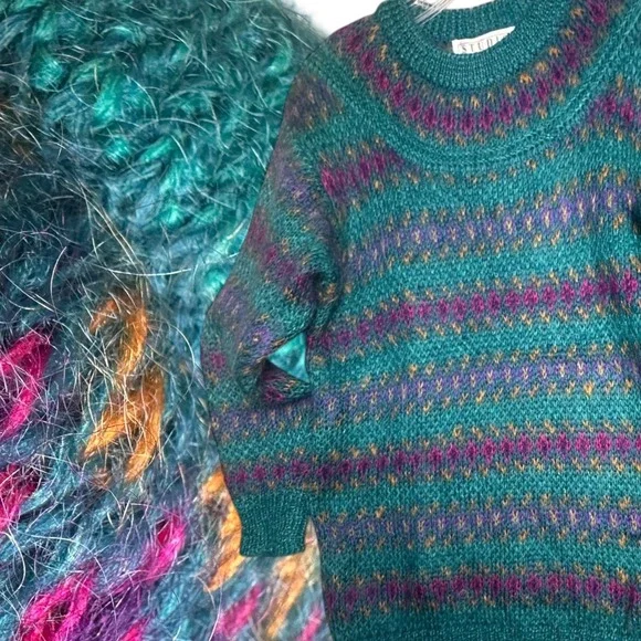 Vintage 80s Michelle Stuart Mohair Wool Fair Isle Sweater‎ Teal Woman Sz M - Picture 2 of 16